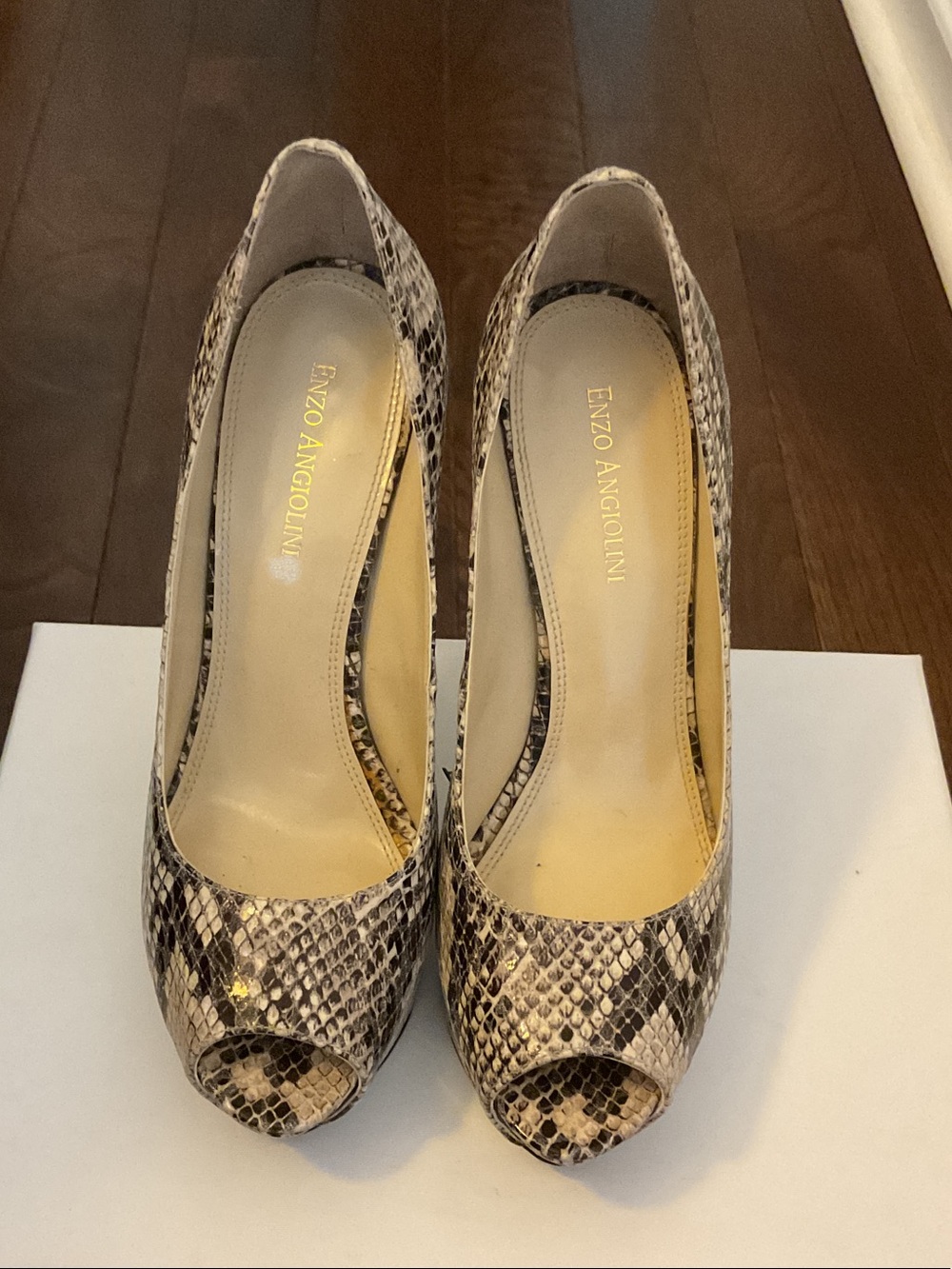 Enzo Angiolini Taupe Snake-Print Peep Toe Pumps.